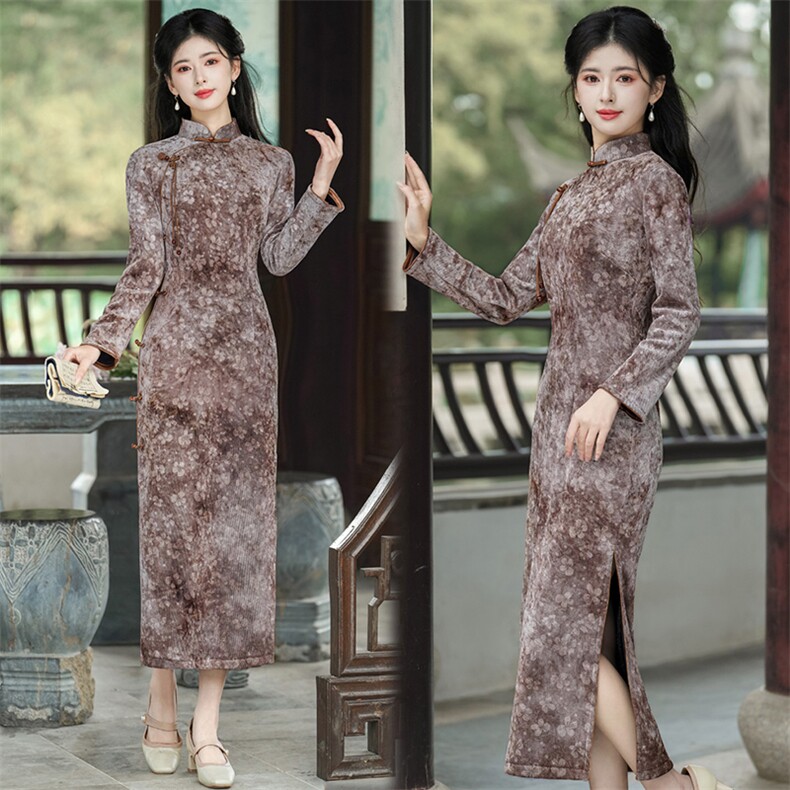 新中式风立领流苏盘扣纤格绒加绒旗袍2653P155,女装汉服/婚纱/旗袍/礼服,乐衣轩
