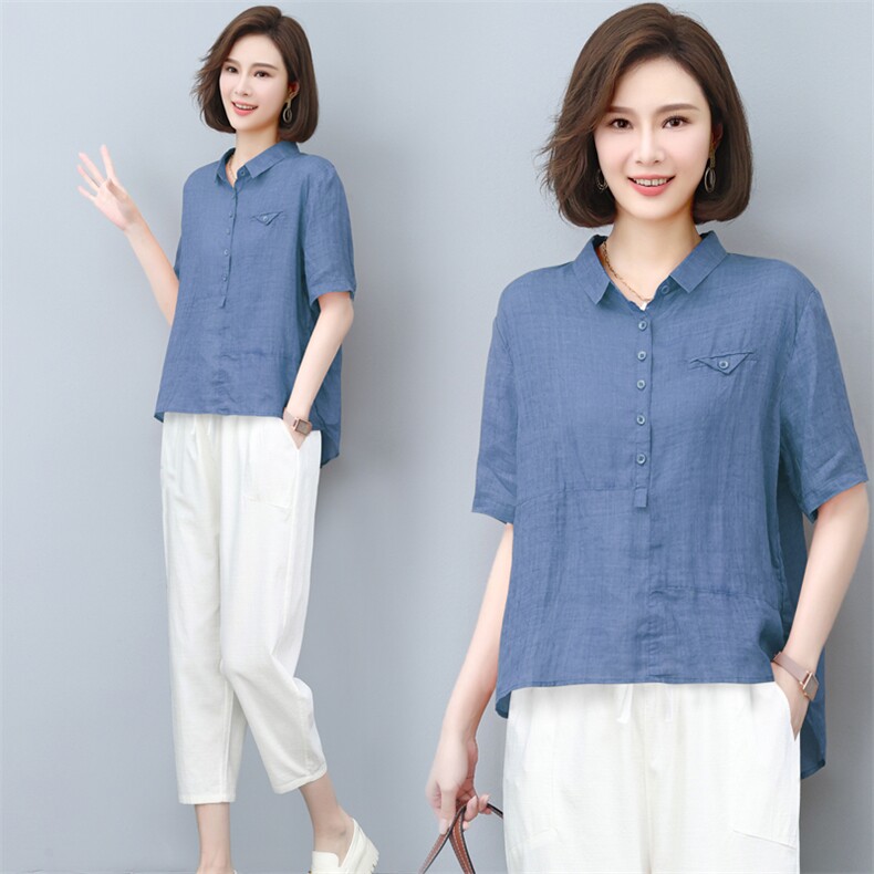 新款2025年夏季100苎麻棉两件套女衬衫中老年妈妈装时尚洋气套装，女装套装/套裙，璐依舞