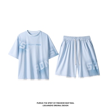 2025夏季新款港风白底大码假两件冰丝套装M-5XHQ25443-P65，男装休闲套装，电商A022