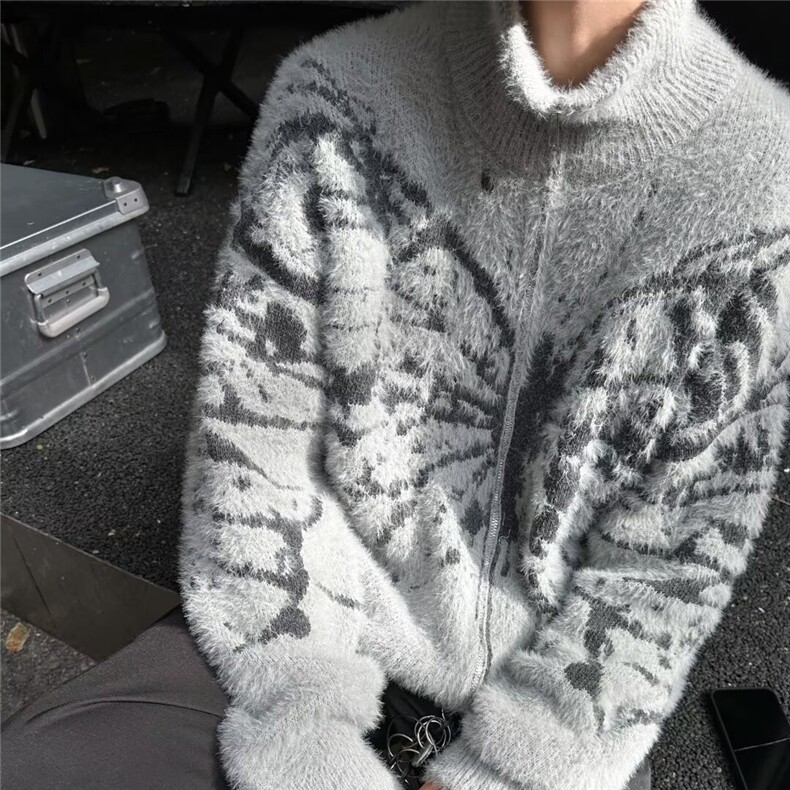 美式复古蝴蝶拉链毛衣外套春秋季水貂绒慵懒风宽松针织开衫上衣,男装针织衫/毛衣,星座601-1