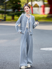 蕾丝拼接牛仔阔腿裤套装女春秋2025新款两件套独特绝美超火高级感，女装套装/套裙，2B115
