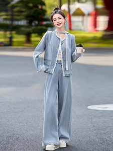 蕾丝拼接牛仔阔腿裤套装女春秋2025新款两件套独特绝美超火高级感图片