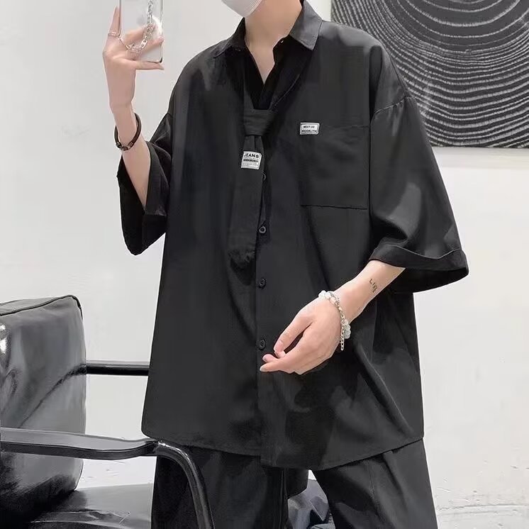 潮牌简约纯色高街配领带短袖衬衫夏季薄款宽松休闲衬衣CAA01-P30,男装T恤,星座208-5