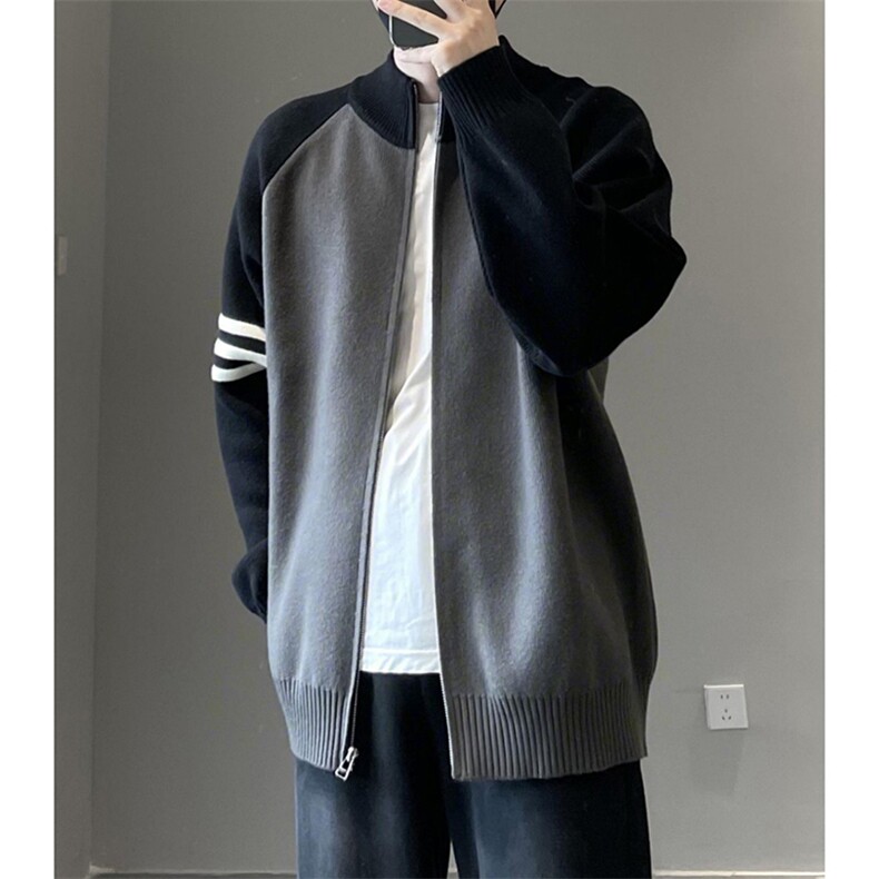 重磅秋冬北极绒开衫毛衣美式复古休闲慵懒风撞色立领针织衫外套，男装针织衫/毛衣，电商A486-1