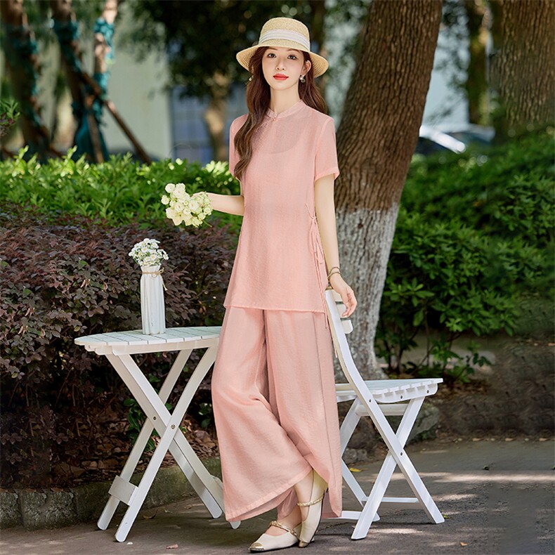洋气粉色新中式套装女2026夏季薄款立领盘扣上衣显瘦阔腿裤两件套,女装套装/套裙,水衣源