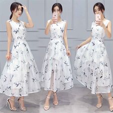 无袖花纹时尚圆领夏季中腰松紧腰雪纺大摆裙2024年夏季淑女，女装连衣裙，火爆靓佳人