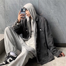 假两件牛仔外套男春秋高街潮牌小众设计感夹克美式复古连帽上衣服，男装夹克，星座601-2