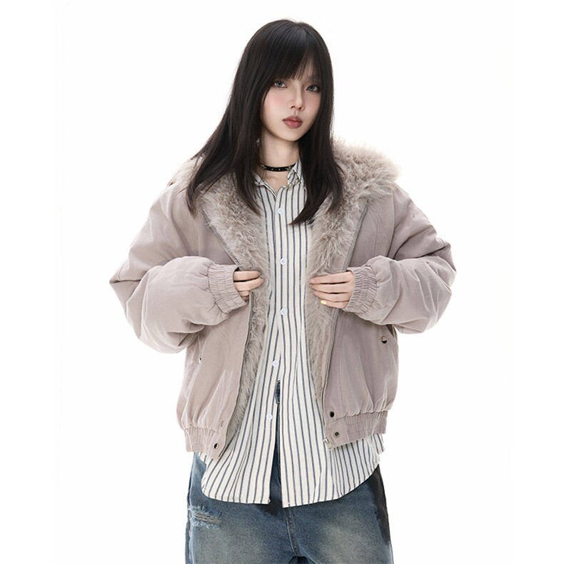 美式毛领座山雕连帽棉服女2025冬季新款短款夹克厚外套YD01-P140图片
