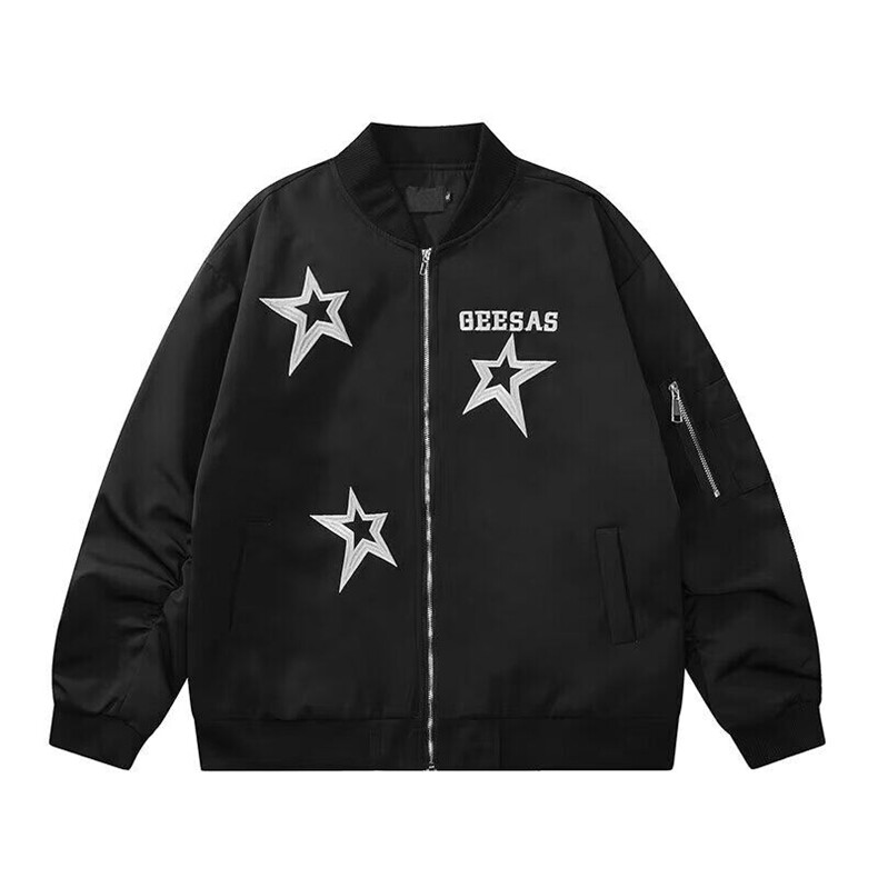 美式复古潮字母星芒刺绣棒球服街头嘻哈立领休闲宽松外套JKK05P65,女装短外套,电商D256-2(原A064-2)