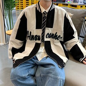 美式复古拼色刺绣灯芯绒棒球服男女夹克情侣外套WT33P67图片
