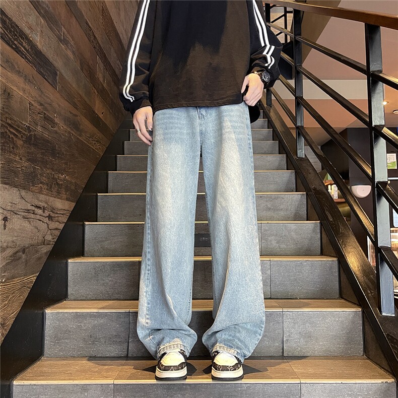 复古宽松阔腿半松紧牛仔裤高街设计春秋新款高腰显瘦拖地裤图片