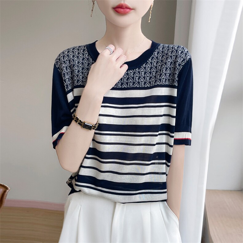 夏季新款莱赛尔天丝条纹字母短袖女宽松百搭显瘦时尚休闲上衣,针织衫/毛衣,暖娇绒