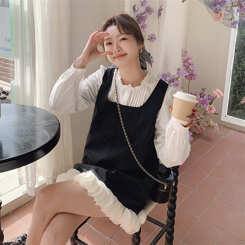 法式甜美花瓣背心连衣裙套装女2025秋新款高级感衬衫小个子两件套,女装半身裙,浙宝193A