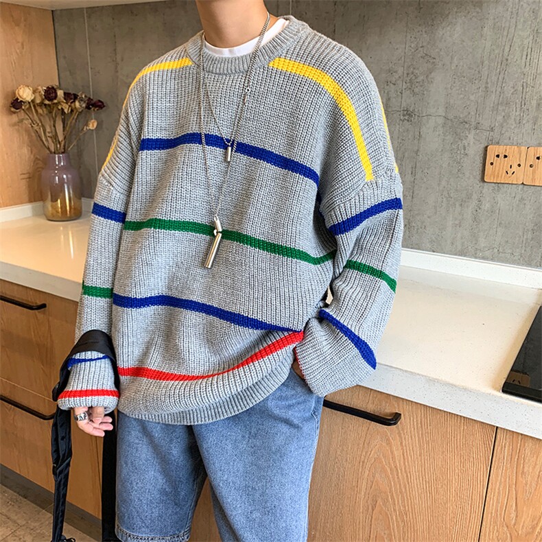 秋冬情侣条纹宽松毛衣韩版潮流男女加厚针织衫T014图片