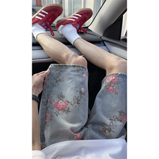 玫瑰花水洗做旧牛仔短裤男夏季美式潮牌宽松直筒vibe阔腿五分裤子，男装牛仔裤，星座403（原603-1）