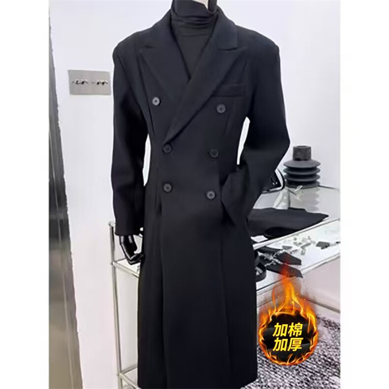 现货~戗驳领收腰垫肩毛呢大衣过膝长款风衣外套Y971-P125加棉135，男装风衣，星座1004-3