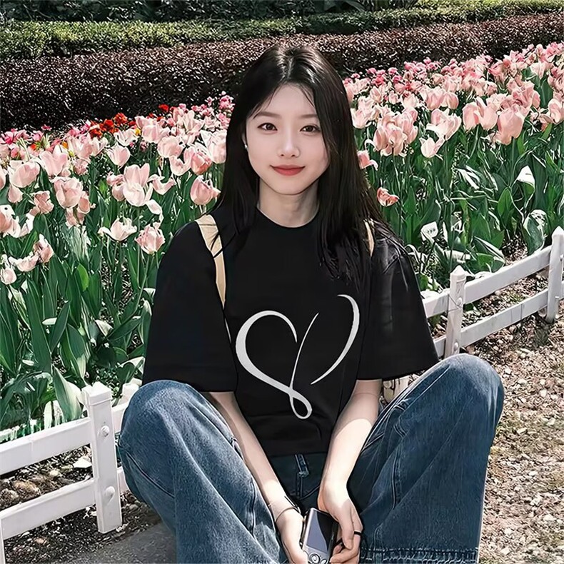 黑色短袖女t恤2025春夏季新款落肩设计感小众宽松百搭甜辣上衣服图片