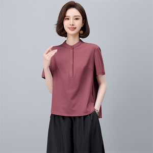 SHUYE原创设计 文艺休闲宽松百搭独特裁设计小立领短袖T恤女2025图片