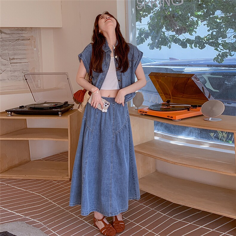 设计感小众牛仔衬衫时尚套装女2025夏季新款高腰显瘦半身裙两件套,女装套装/套裙,2C225
