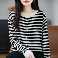 条纹打底衫女POLO领秋季新款100%纯棉长袖T恤针织衫翻领宽松上衣，女装羊毛衫，源达羊绒