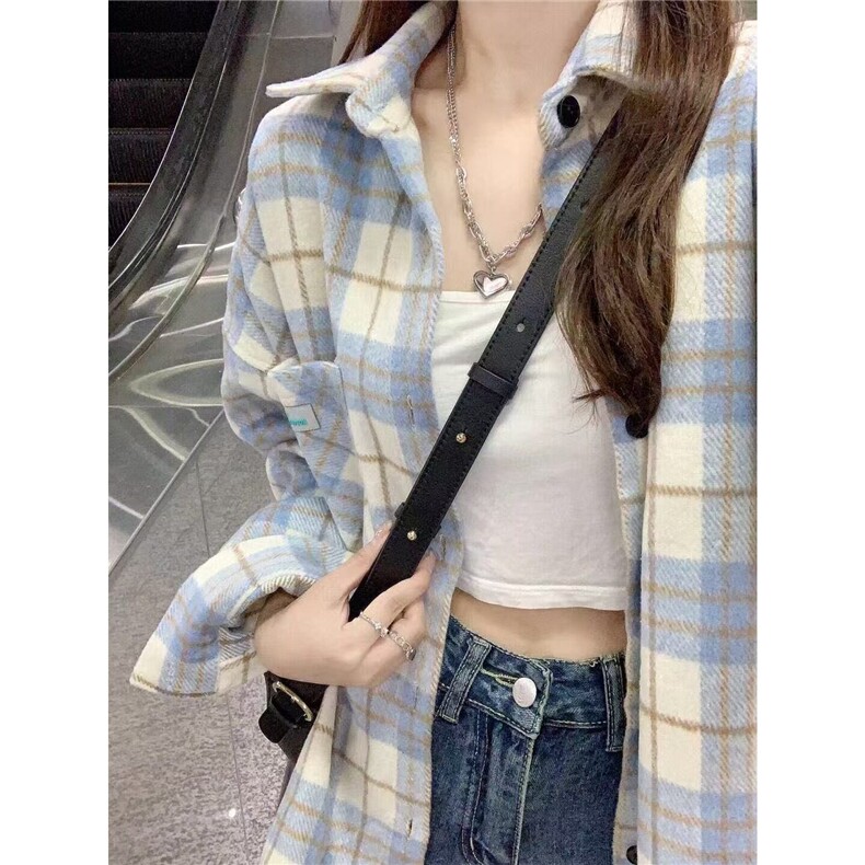 甜美风绿色格子春秋衬衫新款复古设计感百搭小众衬衣上衣潮 CYC93图片