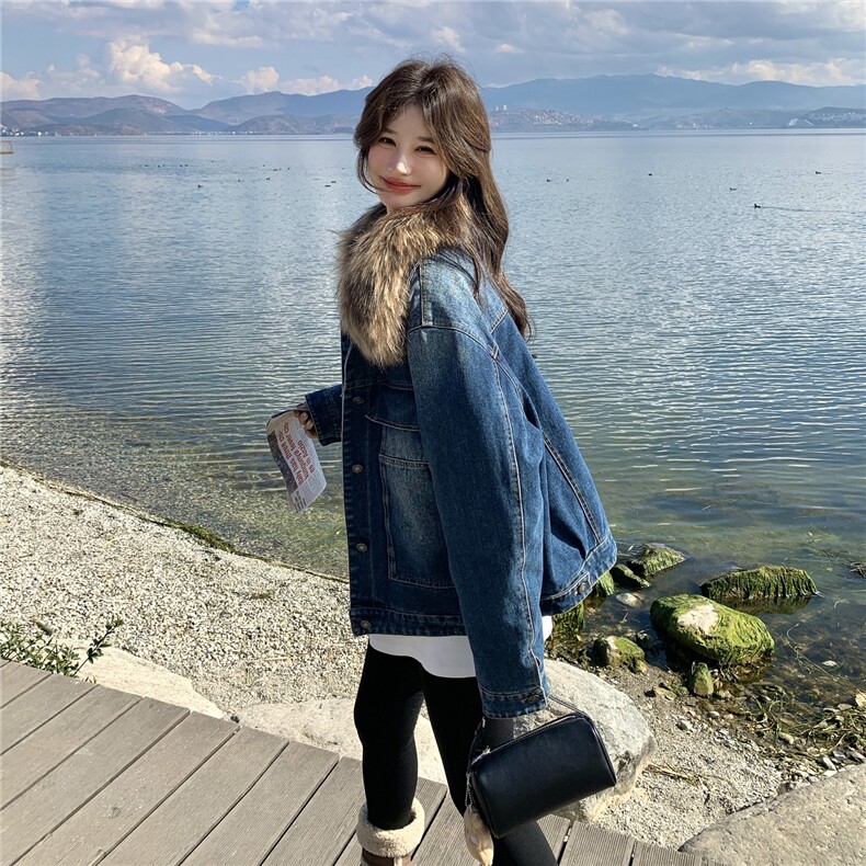 美式复古毛领羽绒内胆牛仔外套女中长小个子派克新款2025年冬季,女装羽绒服,艾米莉亚