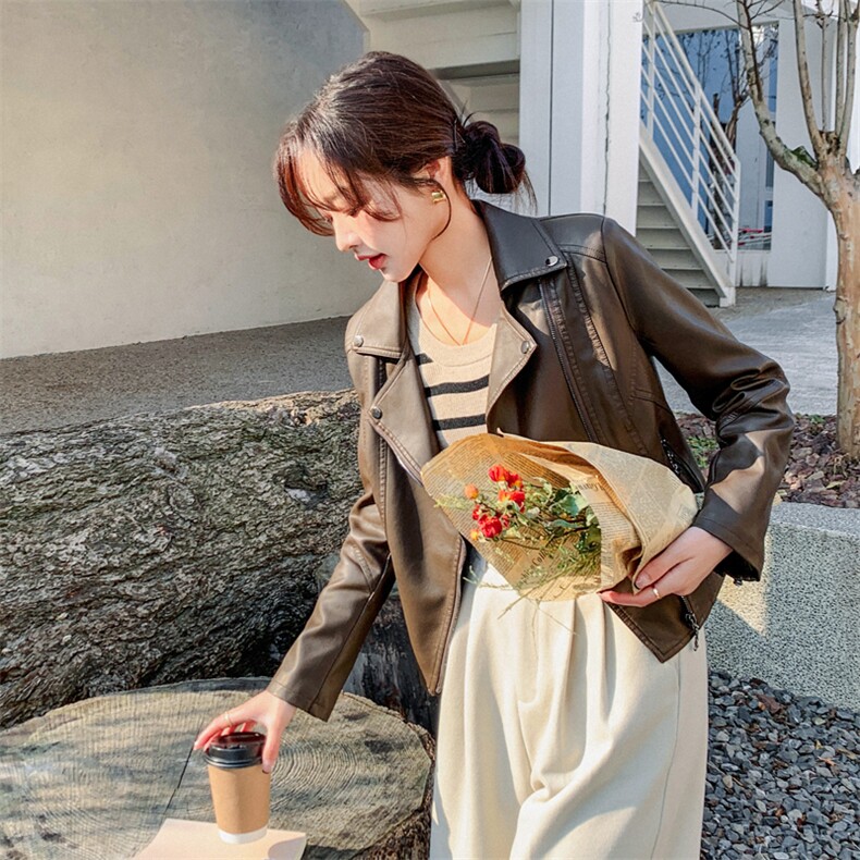 美拉德咖色短款小皮衣外套女春秋2025年新款高级感超好看复古夹克,女装皮衣,莘蕾
