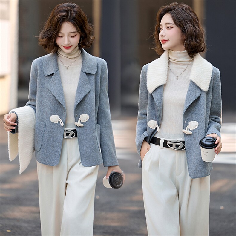 双面毛呢2024秋季新款宽松时尚撞色针织领可拆双面毛呢大衣外套，女装双面呢大衣，流量+