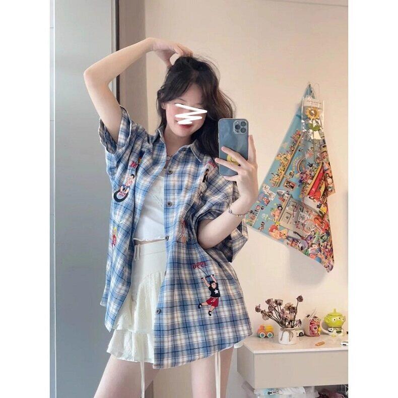 夏季美式复古刺绣短袖男女格子衬衫情侣学院风格纹衬衣WLC588-P40,男装T恤,星座1008