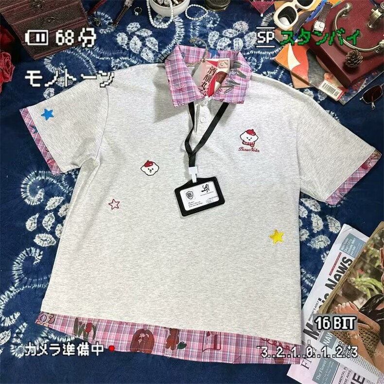 潮牌小狗刺绣拼接假两件短袖女男夏季POLO衫t恤宽松上衣,男装Polo衫,星座1210-1