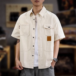 复古休闲工装短袖衬衫男士夏季新款重磅潮牌半袖日系大码衬衣外套