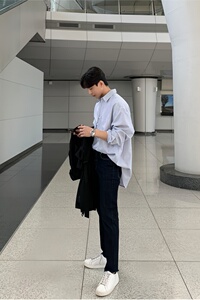 春秋条纹长袖衬衫男韩版潮流寸衫日系休闲衬衣宽松上衣XZ710-813图片