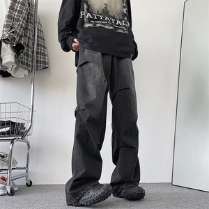 设计感潮牌折皱牛仔裤男美式小众垂感宽松直筒拖地裤子H0121-P45图片