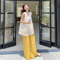 设计感刺绣无袖衬衫套装女2025夏季新款大方得体穿搭阔腿裤两件套，女装套装/套裙，2C232