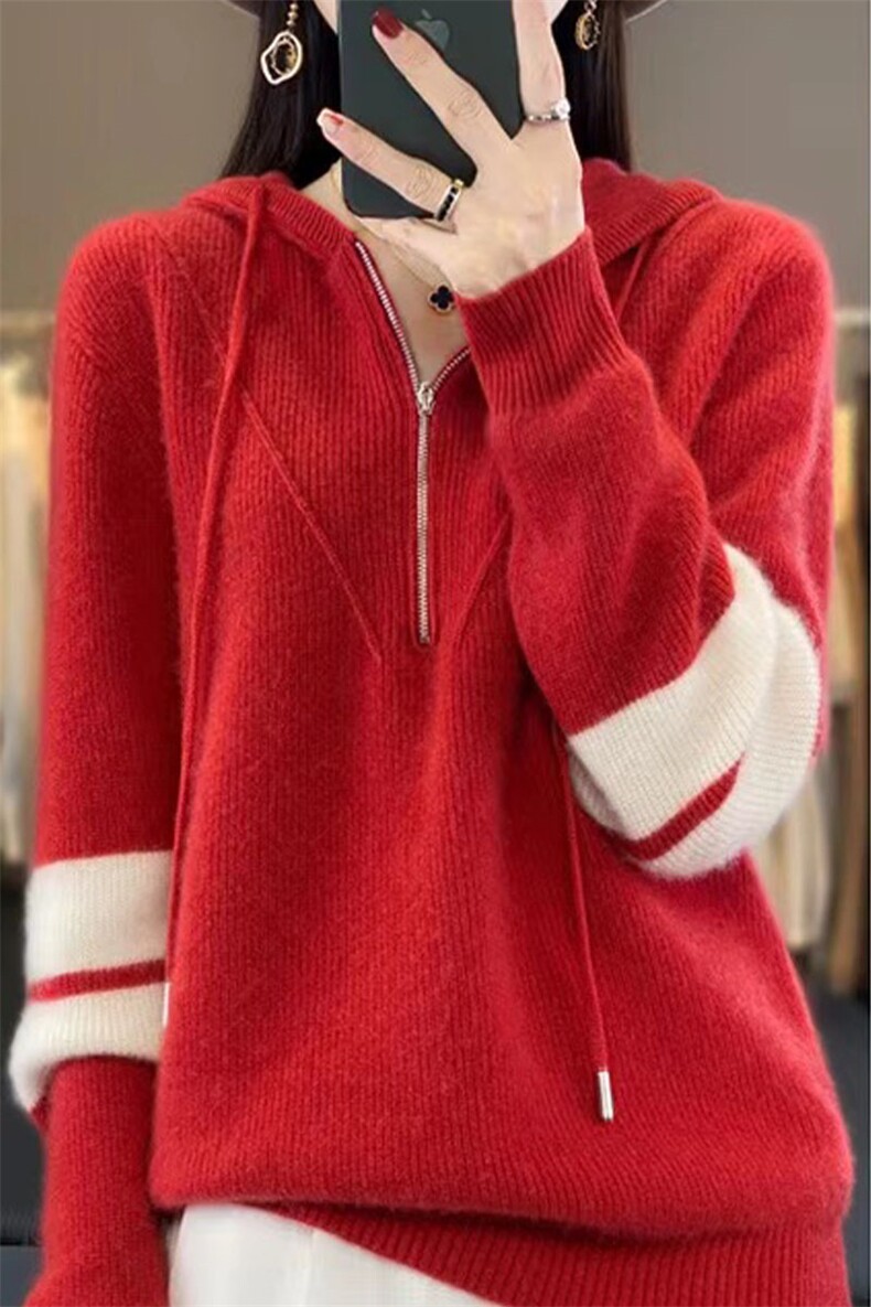 连帽衫女元宝针半拉链拼色卫衣宽松休闲羊毛针织打底衫,针织衫/毛衣,萱芳婷羊绒