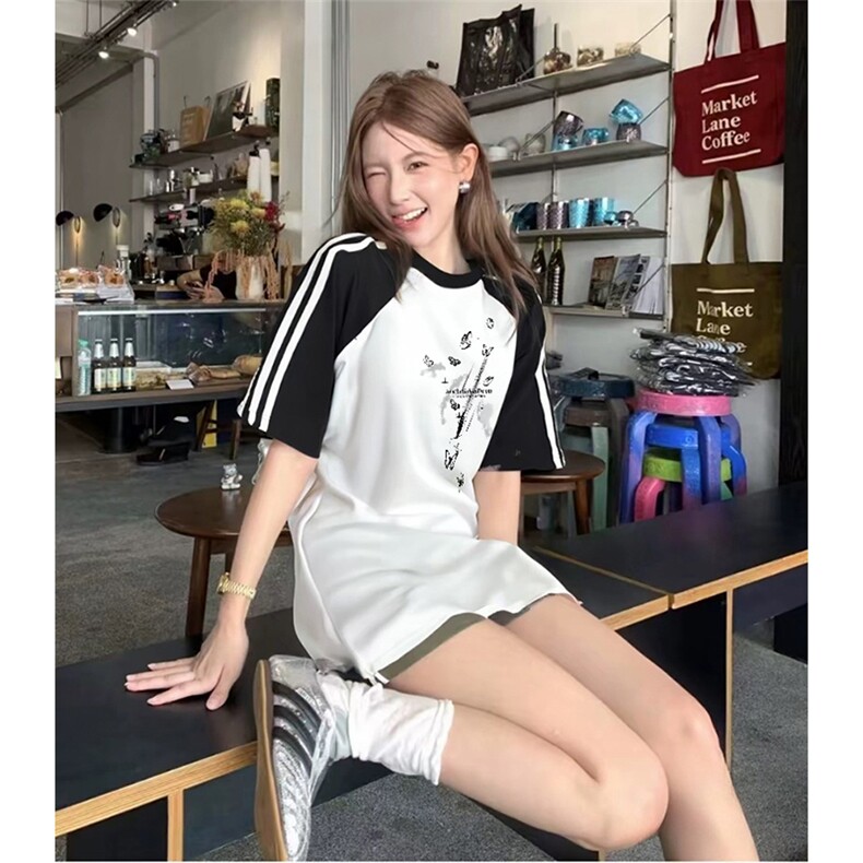 抖音得物品质二开240克宽松纯棉美式潮牌插肩三杠织带短袖T恤,男装T恤,电商A486