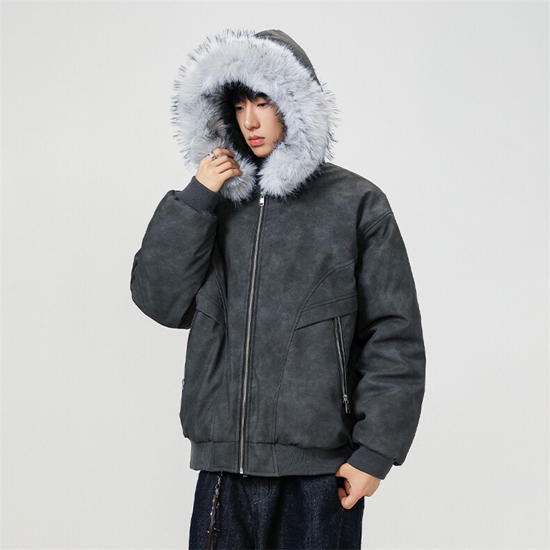 现货扎染PU皮棉服男冬季加厚连帽棉衣座山雕大毛领外套M090-P120,男装棉衣,星座308B-2