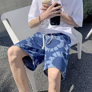 夏季字母圆圈牛仔短裤个性潮牌五分中裤男休闲高街抽绳 D3037图片