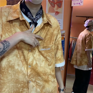 扎染衬衫男ins港风嘻哈潮牌短袖外套宽松冰丝花衬衣痞帅CY441-P22图片