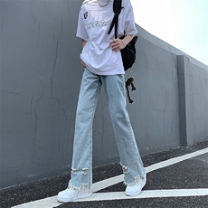 现货黄泥美式vibe裤高街黑色破洞微喇直筒毛边牛仔裤男K890-P55，男装牛仔裤，星座205