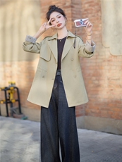 【现货】双排中长款风衣2025秋季新款休闲时尚通勤小个子收腰外套，女装风衣，妃曼