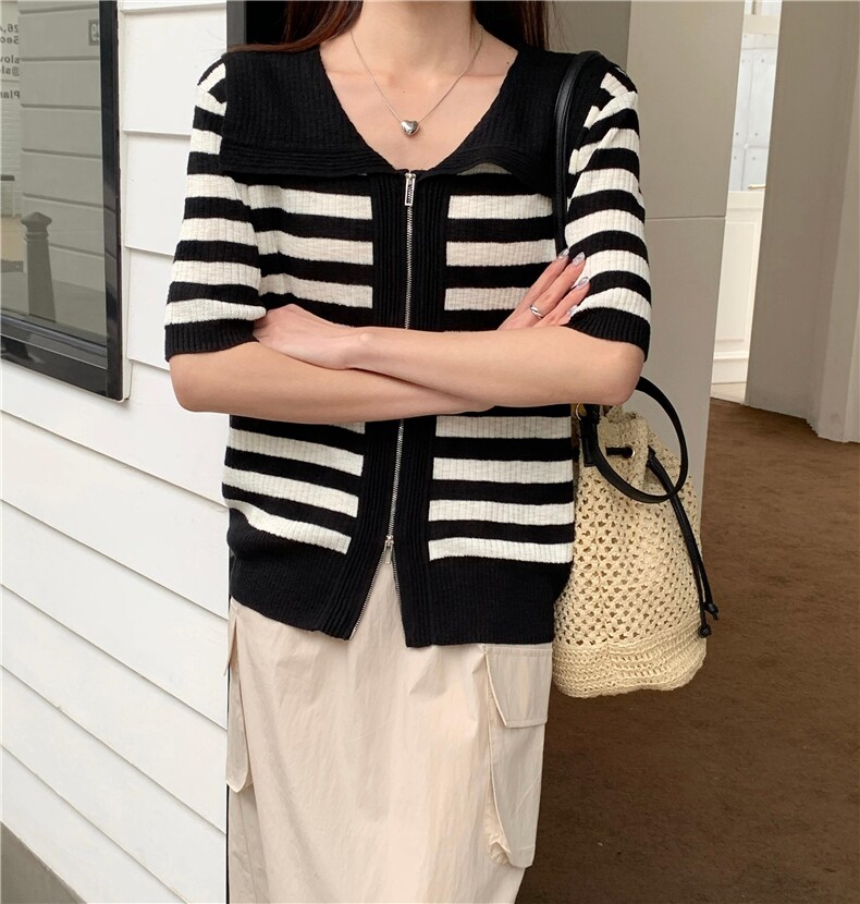 夏季新款简约条纹短袖针织衫女宽松休闲上衣,针织衫/毛衣,伟祺羊绒