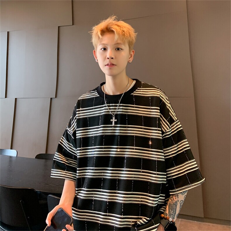 DA163-P40新款烫钻条纹重磅圆领T恤男女宽松百搭休闲简约短袖,男装T恤,星座603-2