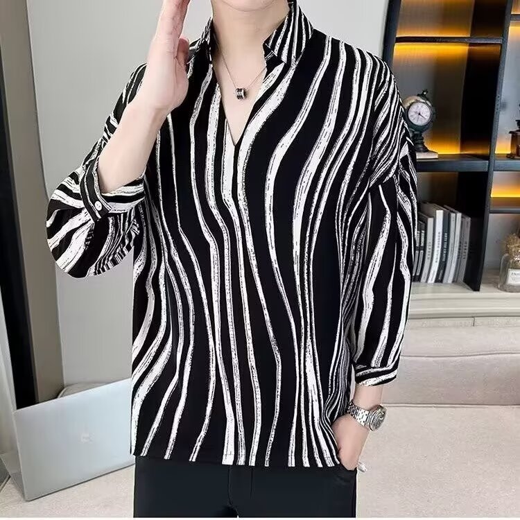 V领polo衫男痞帅衬衫短袖夏季冰丝男装2025新款夏装男式七分袖t恤,男装T恤,星座506A