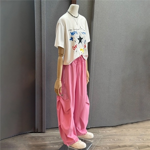 高级感时尚潮流套装女夏新款宽松圆领星星印花上衣工装长裤两件套图片