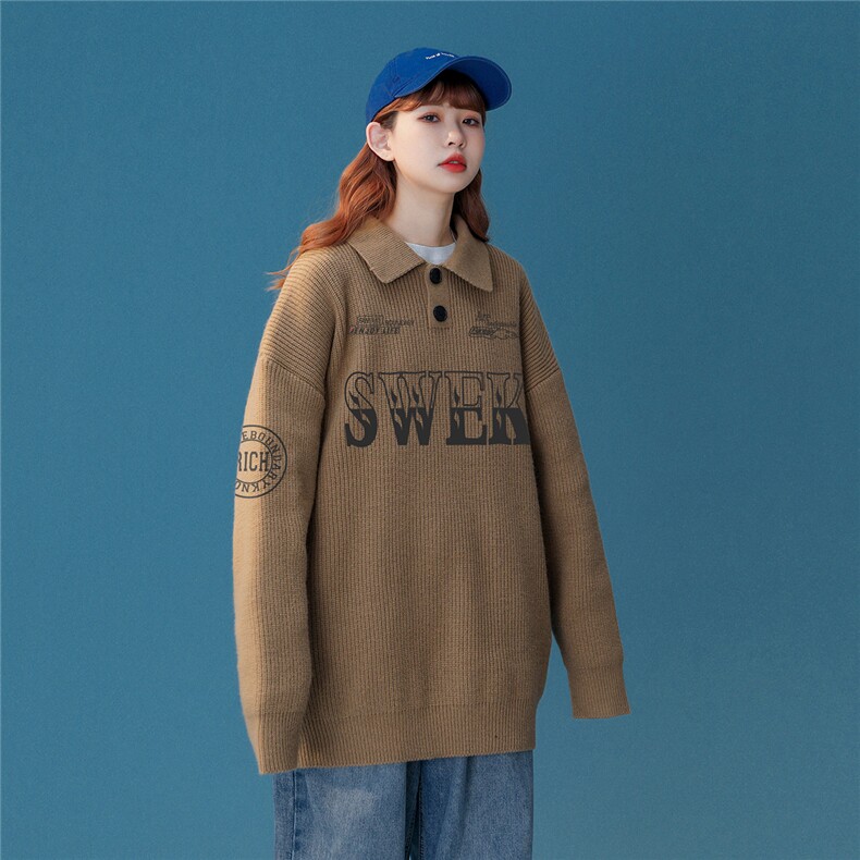 中性风秋/冬潮流时尚印花百搭保暖纽扣翻领情侣毛衣M3002P75控98,男装针织衫/毛衣,A247A