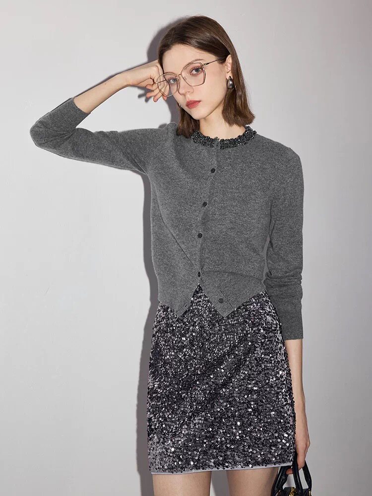 2025新款女士钉钻开衫时尚，女装针织衫/毛衣，初韵羊绒