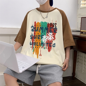 32支 双纱 直播重磅260克 拼接美式潮牌宽松印花复古短袖t恤控49图片