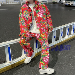 H203大花棉袄加绒裤套装新中式汉服男女表演出保暖防寒棉衣棉服潮图片
