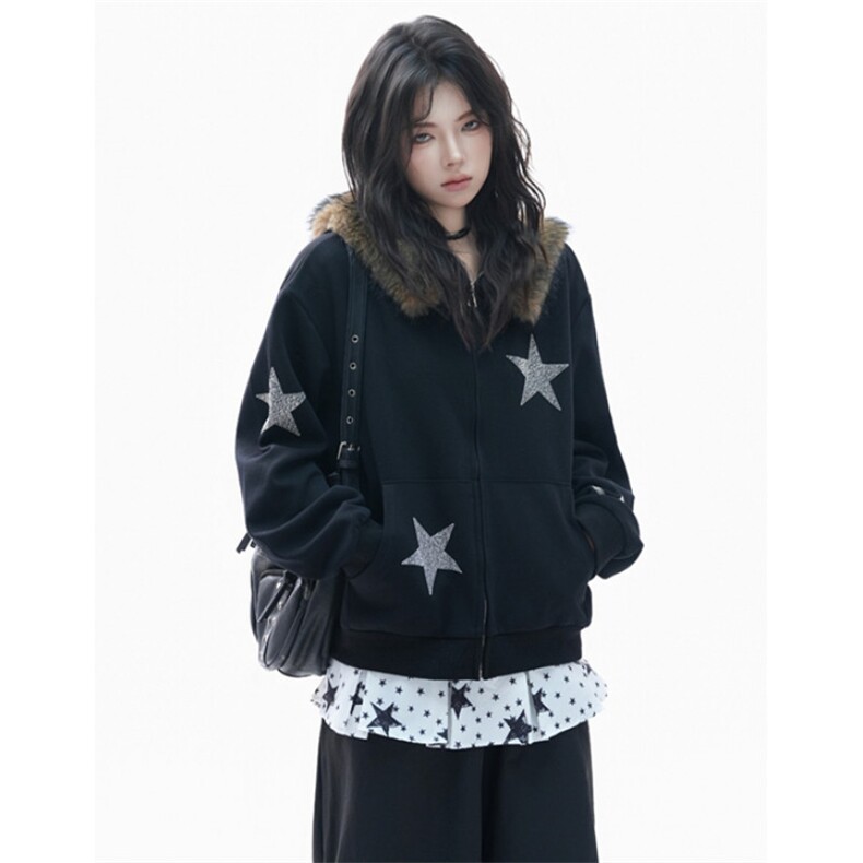 美式复古毛领连帽开衫卫衣女设计感烫钻星星宽松外套WB6018,女装短外套,星座1116A（原606A-3）